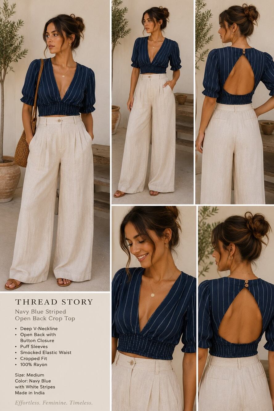 Thread Story Navy Blue Striped Deep V Crop Top M Open Back Rayon Boho Cottage